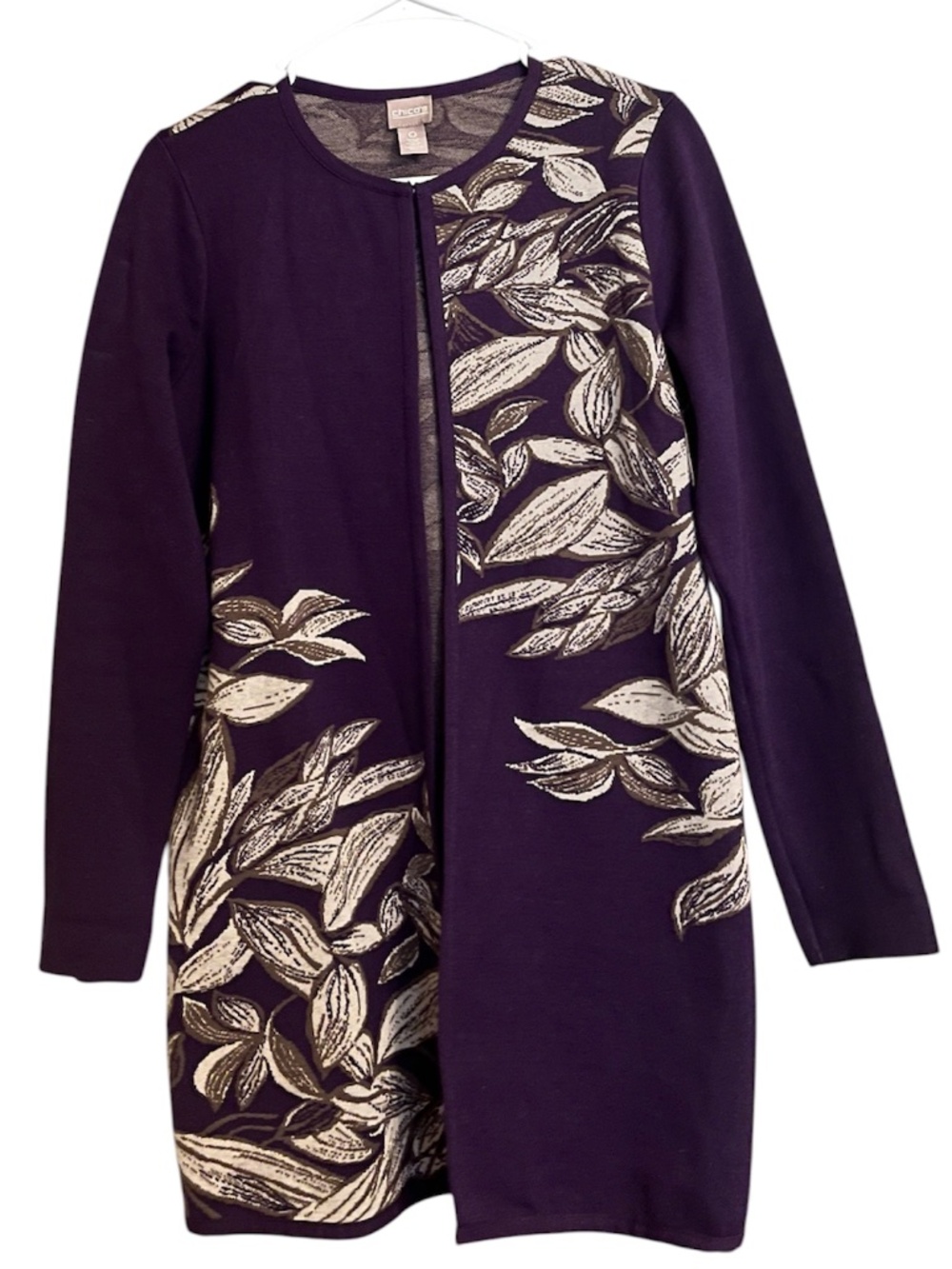 Chico’s Women Purple Multi ‘Lovely Leaves’ Gilara Open Front Sweater Cardigan S